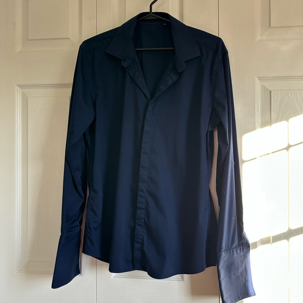 Men's Navy Button Up Shirt, Neck 16 “, Sleeves require cufflinks